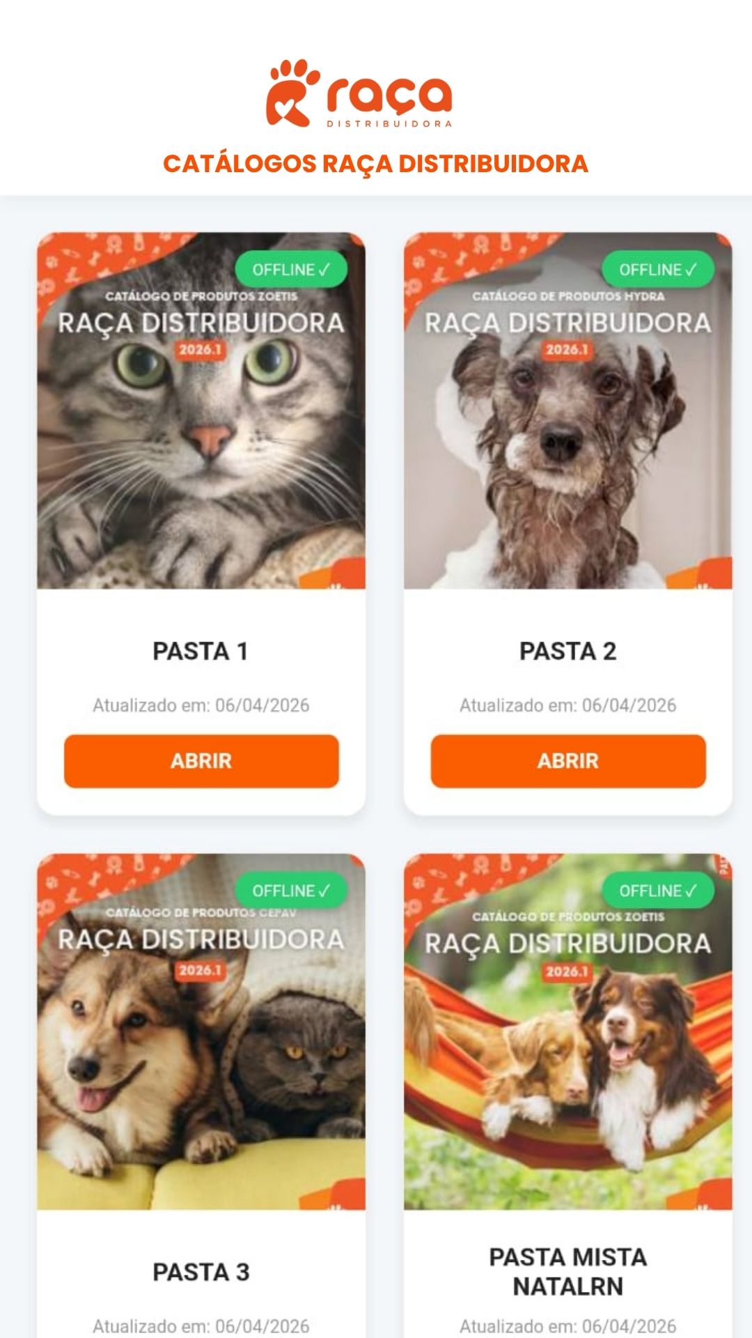 Tela dos catálogos da Raça Distribuidora no celular, com selo de acesso offline