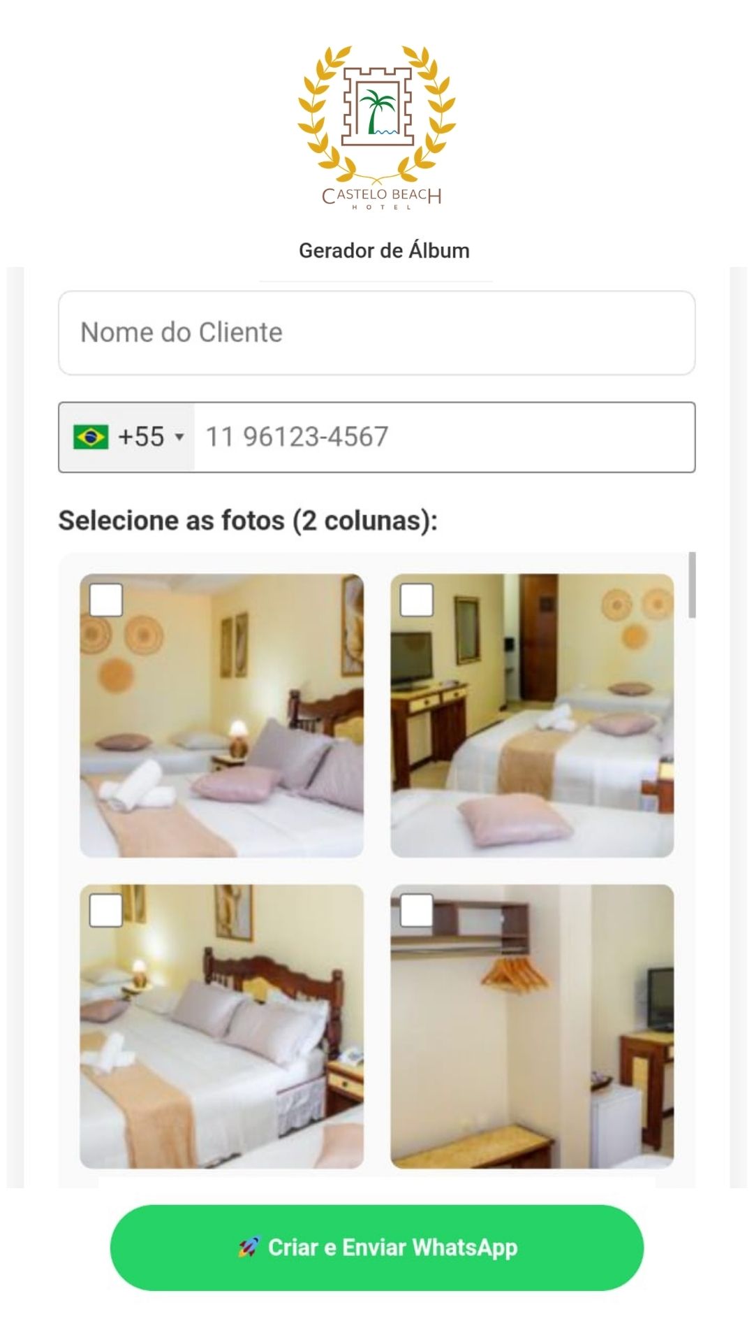 Tela do gerador de álbum no celular, com nome do cliente, seleção de fotos e botão de envio pelo WhatsApp