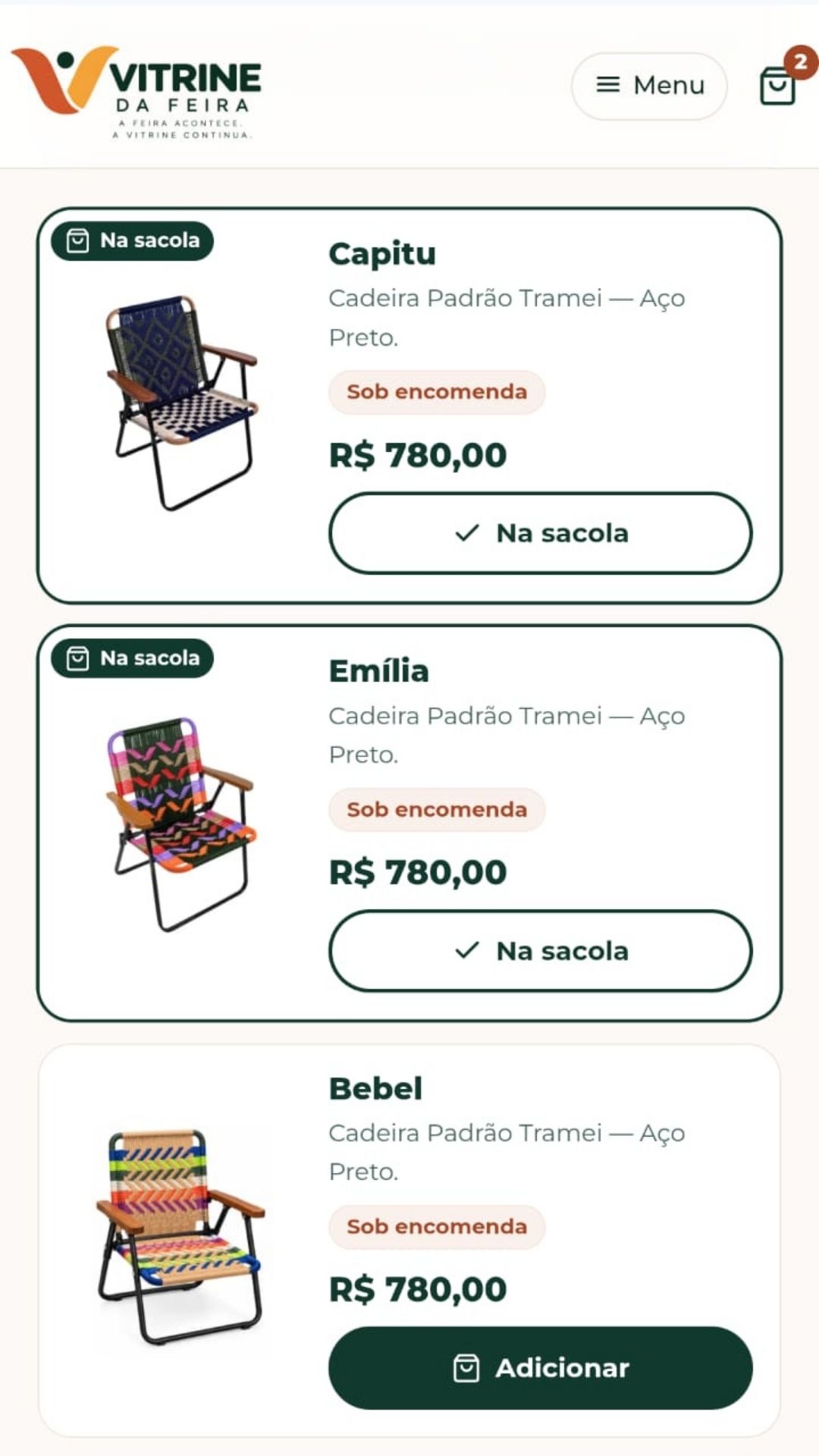 Tela da loja virtual no celular, com produtos na sacola e botão para adicionar